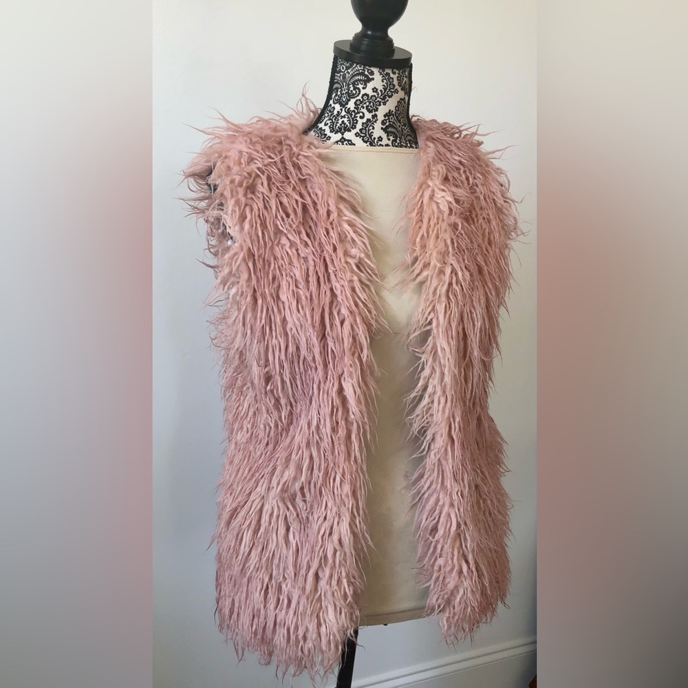 Hydraulic Vest Y2K long Sherpa faux fur Satin lining pockets in & out sz Jr S